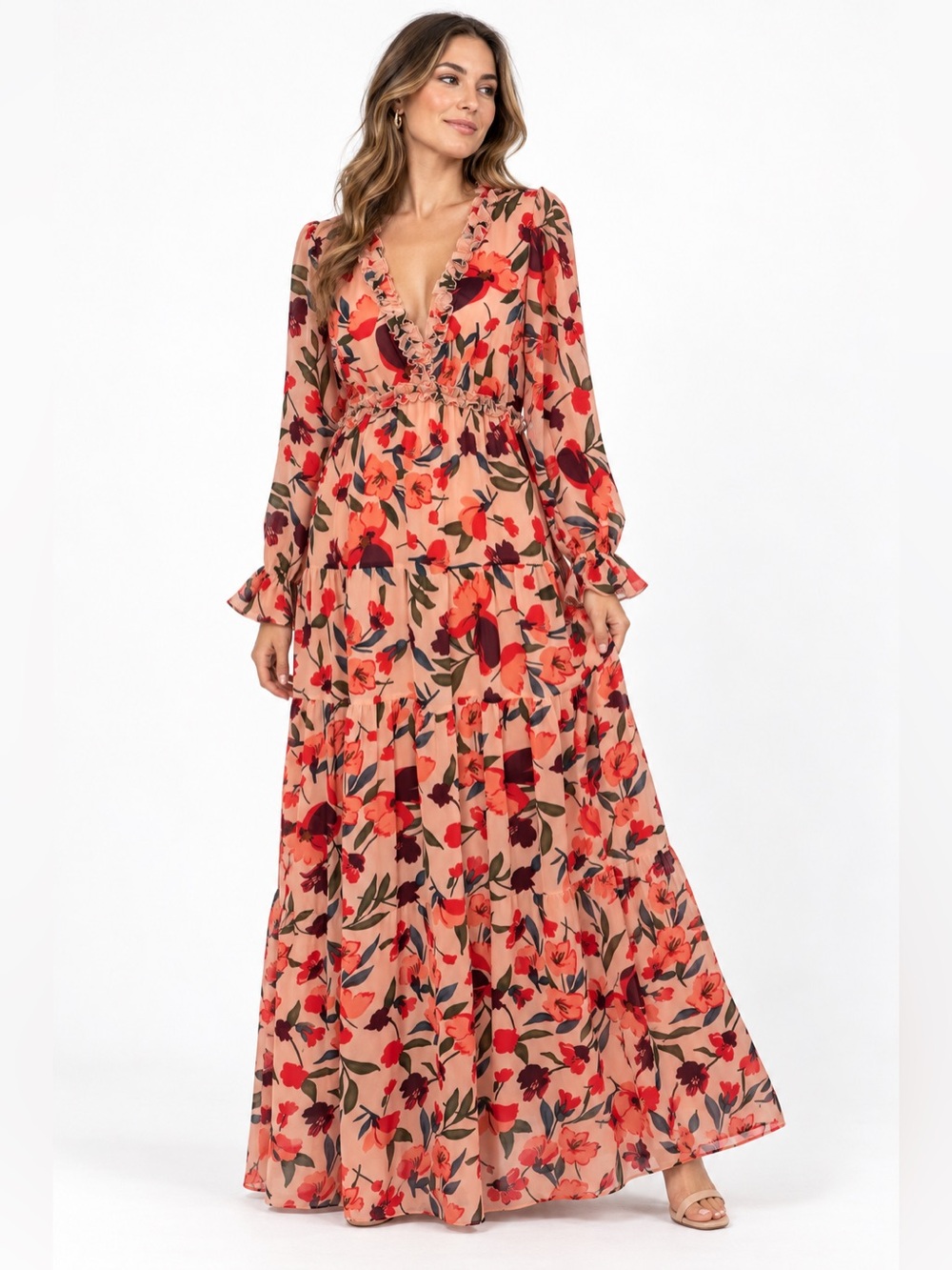 Floral Ruffle V-Neck Maxi Dress in Peach
